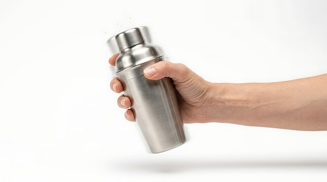 Close up of a hand shaking a stainless steel shaker for cocktail or coffee preparation isolated on a white background with motion blur