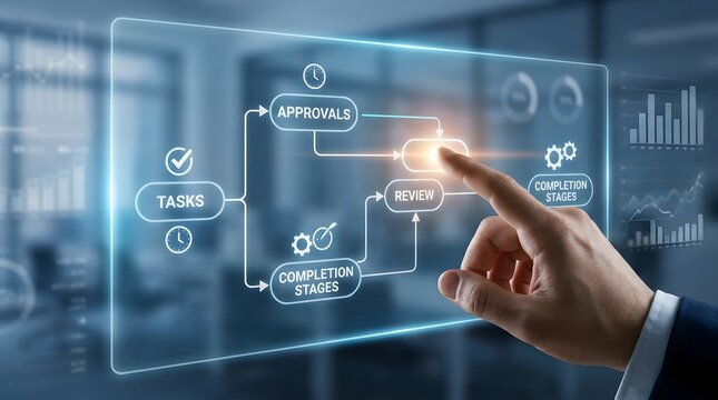A hand touching a holographic interface displaying a business process flowchart, representing efficiency and project management.