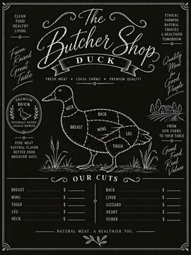 Vintage chalkboard butcher shop sign featuring duck meat cuts diagram and detailed price list