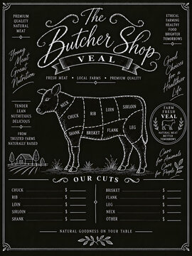 Vintage chalkboard butcher shop sign displaying veal meat cuts diagram with detailed price list