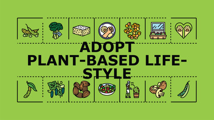 Obraz premium Adopt plant-based lifestyle banner infographic. Grains health, balance ethics, diet environment icon vector illustration
