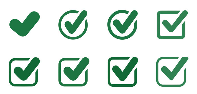 Set of green check marks in circles and rounded squares for positive task completion and success notification.