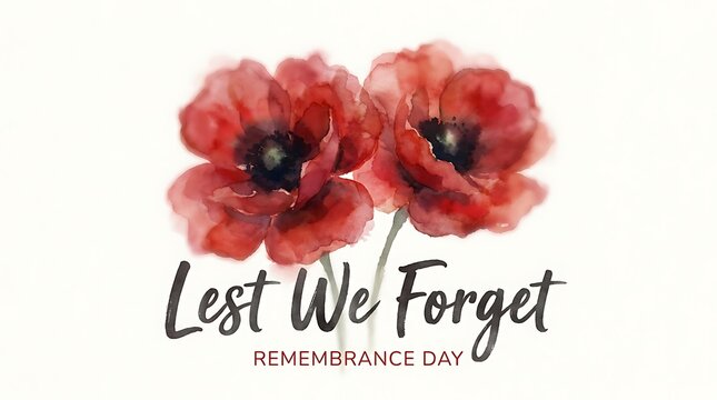 Remembrance day poppies with lest we forget calligraphy on white background