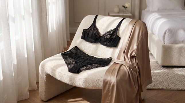 Black Lace Lingerie Set on Cream Lounge Chair in Sunlit Bedroom, Generative AI