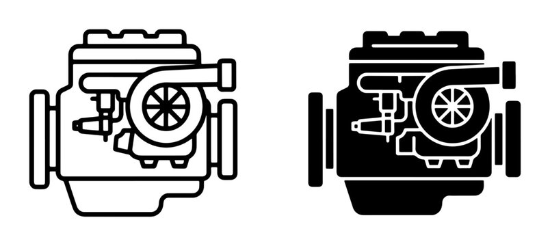 Turbocharged Engine Icons, Automotive Power Unit Vector Graphics, Mechanical Motor Symbols for Performance and Industry