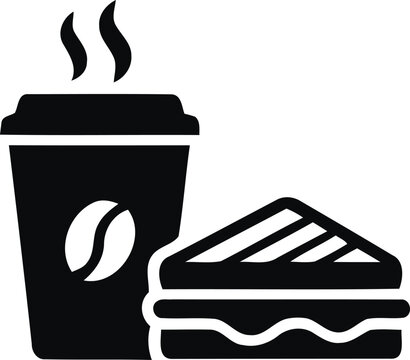 Black and white icon of a steaming takeaway coffee cup next to a fresh sandwich for lunch break