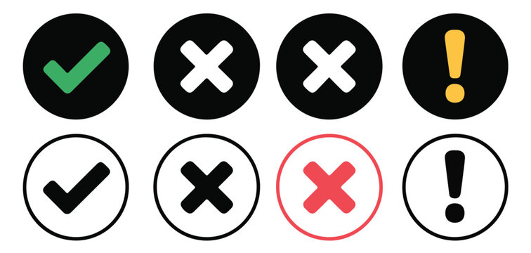Status indicator circle icons set including green check black cross and yellow exclamation mark sign symbols.