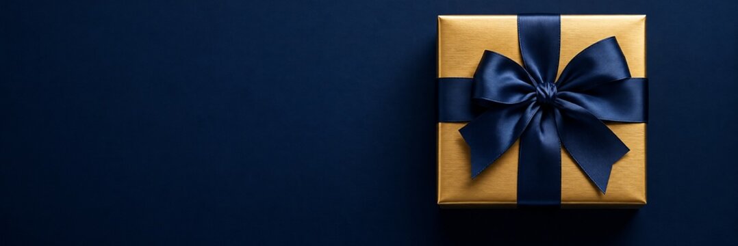 Gold gift box with a dark blue ribbon bow on a navy blue background with copy space