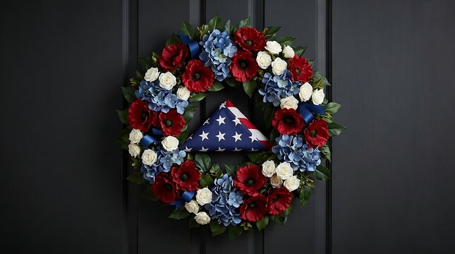 Floral wreath on a dark wooden door for patriotic holidays and remembrance