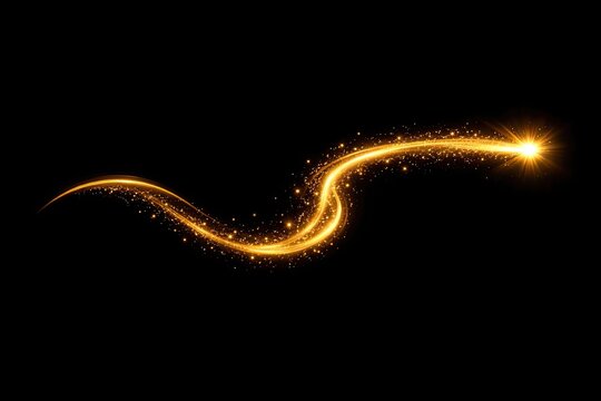Golden shooting star with sparkling light trail and glittering dust particles sweeps across black background for magical cosmic design or festive celebrations.