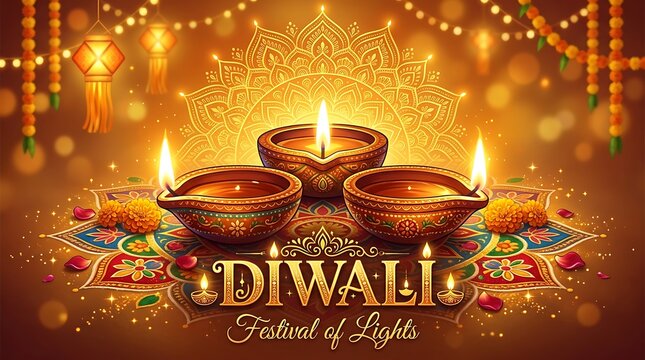 Elegant diwali celebration with traditional oil lamps and shimmering golden light effects