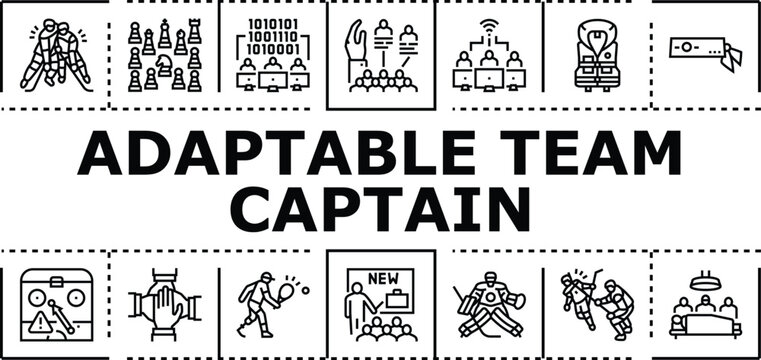Adaptable team captain banner infographic. Initiative guidance, vision teamwork, flexibility support icon vector illustration