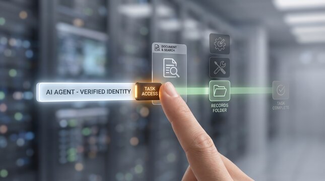 AI Agent Identity - A human hand authorizes temporary digital task access for an AI agent, with access restricted to necessary data until completion.