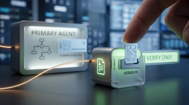 AI Agent Identity - A human hand assigns a unique identity to an AI agent, restricting its function to verification only, under the role of primary agent.