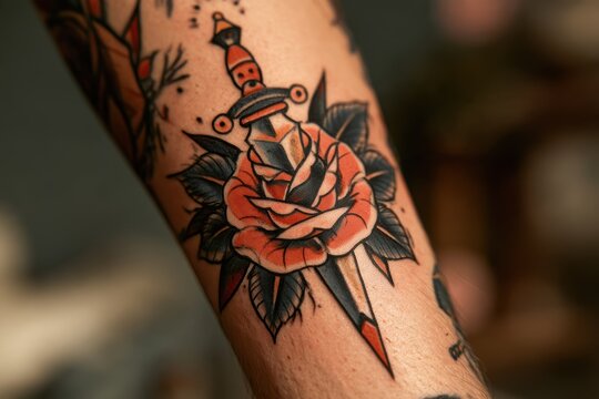 Arm displaying a vibrant old school dagger and rose tattoo