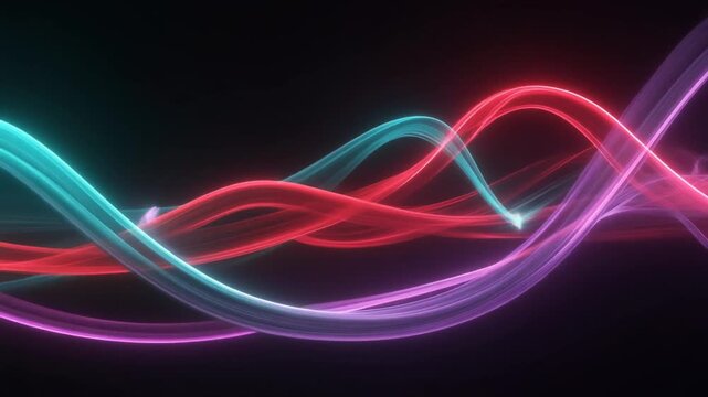 Dynamic neon glowing wave lines in vibrant cyan red and purple colors on black background for digital technology and abstract design concepts