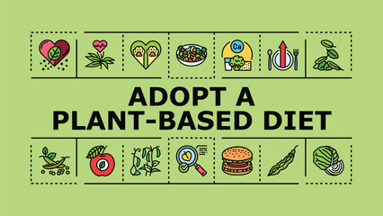 Obraz premium Adopt a plant-based diet banner infographic. Fiber sustainable, grains vegetarian, legumes wellness icon vector illustration