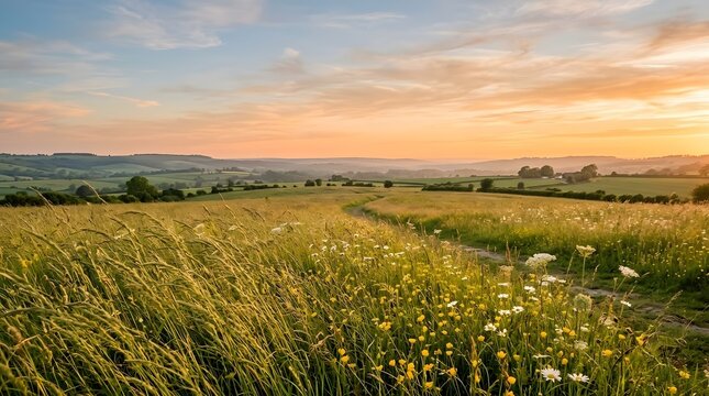 Sunset over wildflower meadow with rolling hills and sky