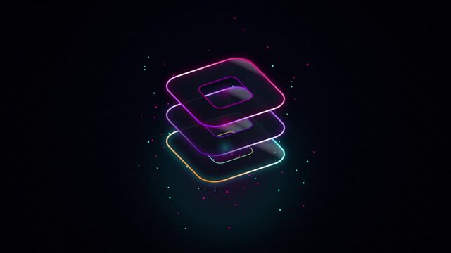 Futuristic glowing neon glass layers abstract technology presentation background motion graphic