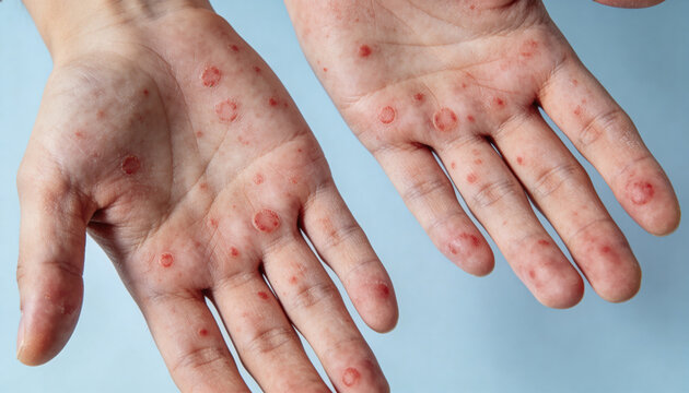 Close-up of human hands covered with red circular skin lesions. Medical examination image on a blue background. Visual reference for viral infection and dermatology.