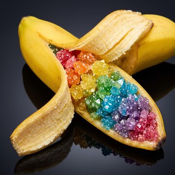 Surreal Banana Filled with Rainbow Crystal Candy Gems on Dark Background