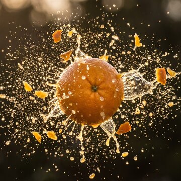 Fresh Orange Exploding with Juice Splash and Flying Peel