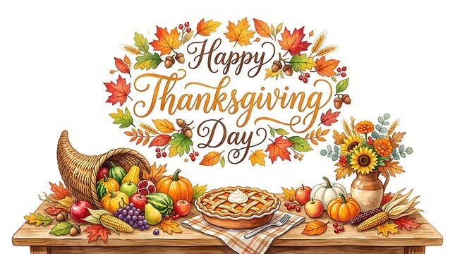 Festive thanksgiving day still life with turkey autumn produce and calligraphy