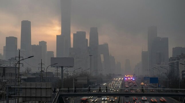 Dense smog obscures a bustling city skyline with heavy traffic flow at dusk, highlighting urban environmental challenges and transportation congestion.