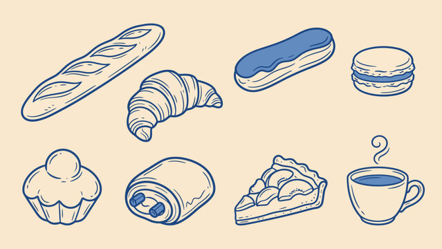 Bakery and pastry shop icon set with baguette croissant eclair macaron warm coffee drink