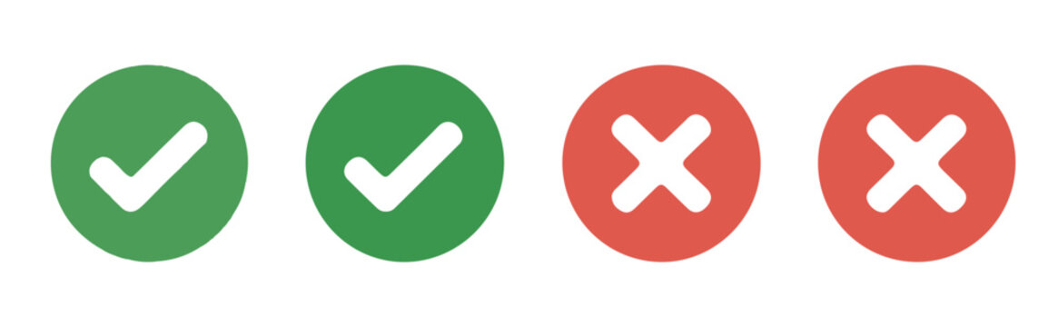 Green checkmark and red cross circle icons set for web interface validation status input choice feedback buttons.