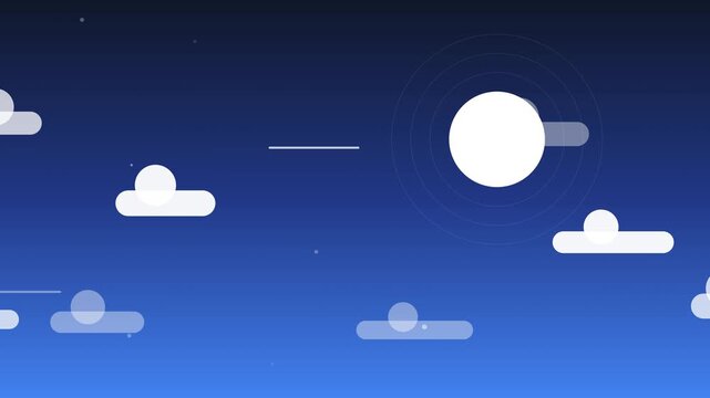 Flat vector animation of a glowing white moon in a dark blue night sky