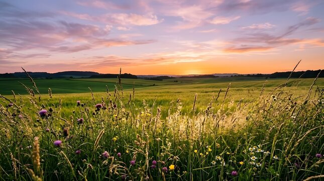 Sunset over a wildflower meadow with rolling hills