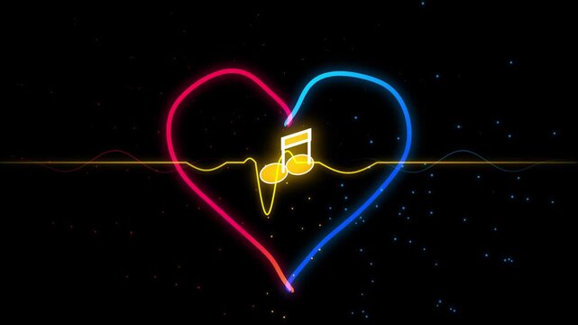 Glowing neon heart with a music note inside and an EKG heartbeat line pulse on a black background