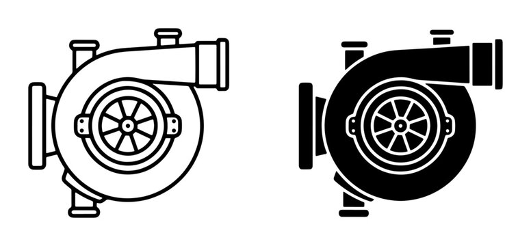 Turbocharger Icons, Automotive Engine Boost Component, Mechanical Power System, Industrial Equipment Illustration, Black and White Vector Graphics