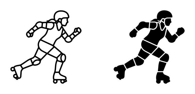 Roller Derby Athlete Silhouette, Line Art Icon Set: Dynamic Action, Protective Gear, Sport Vector Graphics for Athletic Branding and Design