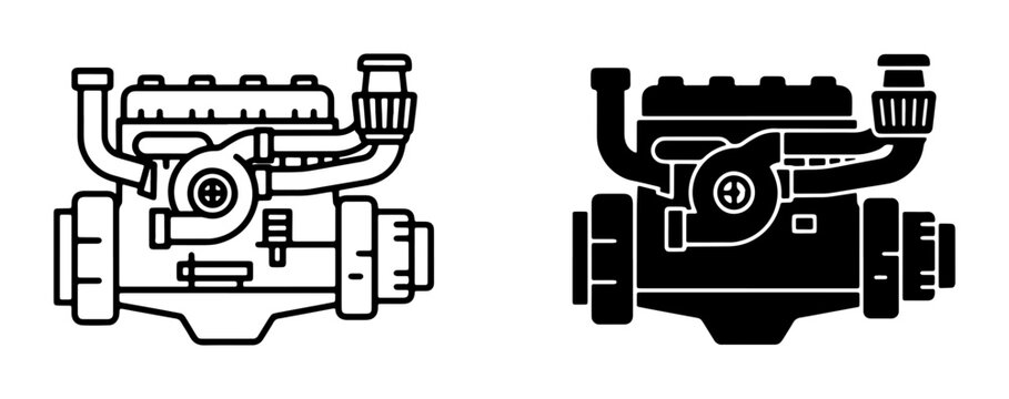Internal Combustion Engine Icons, Turbocharged Motor Vector Set, Automotive Power Unit Graphics
