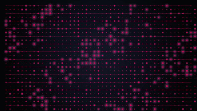 Magenta digital LED dot matrix grid and pulsing data points loop