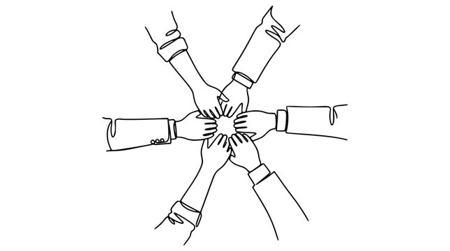 Continuous Line Drawing of Multiple Hands Stacking Together in Center Ring Corporate Teamwork Support Unity and Community Alliance Minimalist Outline Vector