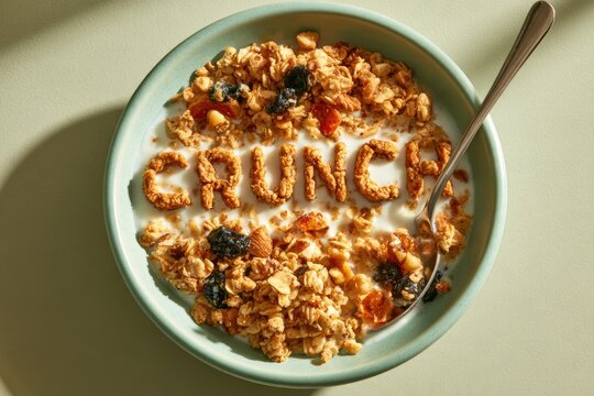 Granola cereal with dried fruits and nuts in a bowl with milk forming the word crunch