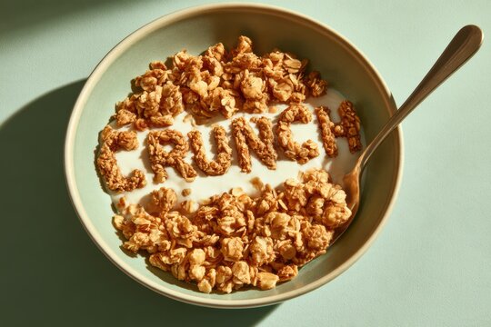 Granola spelling crunch in a bowl of milk, presenting a healthy breakfast