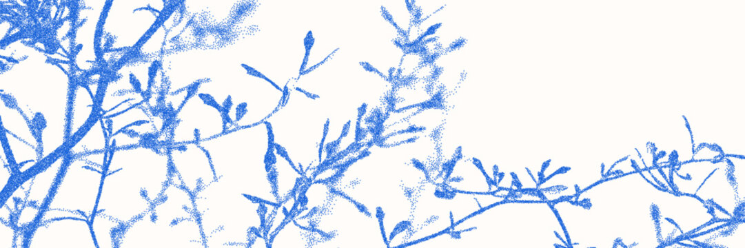 Blue cyanotype botanical background. Stipple dot overlay texture with flower and twig silhouette. Delicate indigo blue nature banner for template and graphic design project.