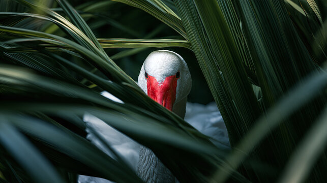 Mute Swan Cygnus olor hidden in lush green palm leaves tropical garden