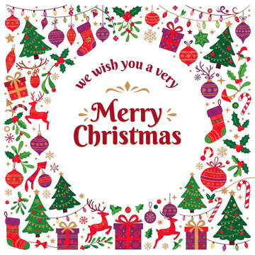 Merry Christmas Social Media Design with Reindeer, Gifts, Candy, Christmas Tree and Colorful Holiday Lights