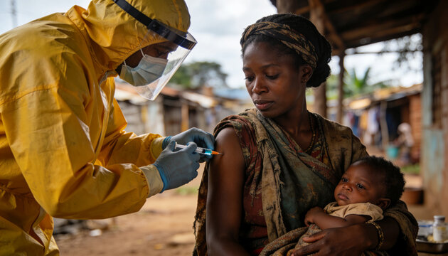 Healthcare worker vaccinates an African woman holding her baby outdoors. Protective equipment signals frontline medical care. Public health outreach builds community immunity.