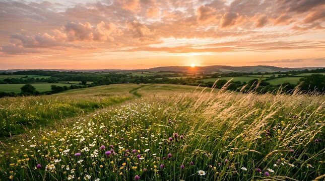 Sunset over rolling green hills with wildflowers and tall grass