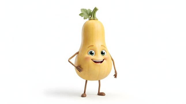 Cute cartoon butternut squash character with a friendly smile and expressive eyes, isolated on white background
