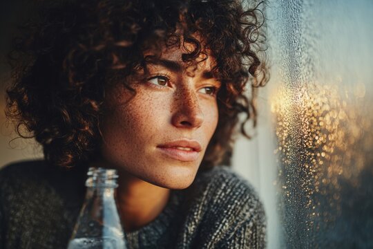 Person gazing through an icy window while holding sparkling water, evoking calm clarity