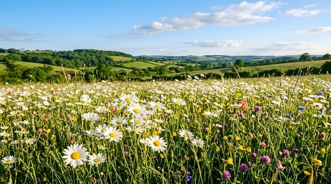 Wildflower meadow with daisies in rolling green hills