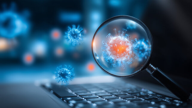A magnifying glass examining virus particles above a laptop represents malware detection and cybersecurity threat analysis.
