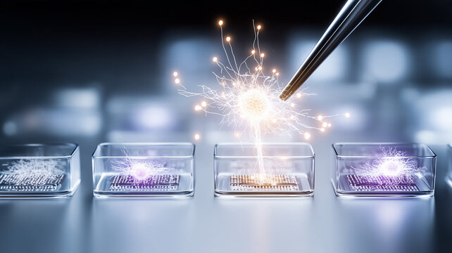 Tweezers manipulating a glowing neural structure above microchips represent precision neurotechnology research and advanced computing.
